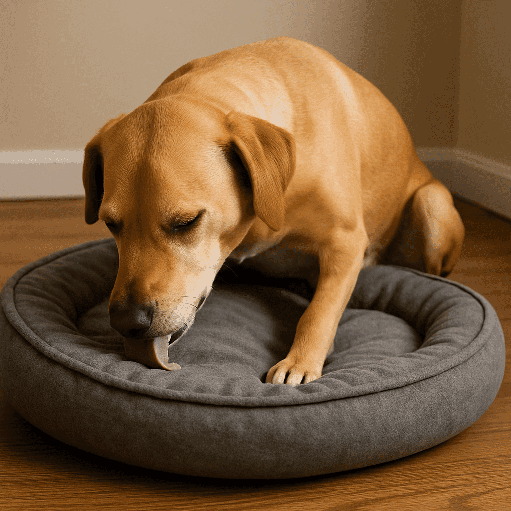 siedzący pies który liże legowisko