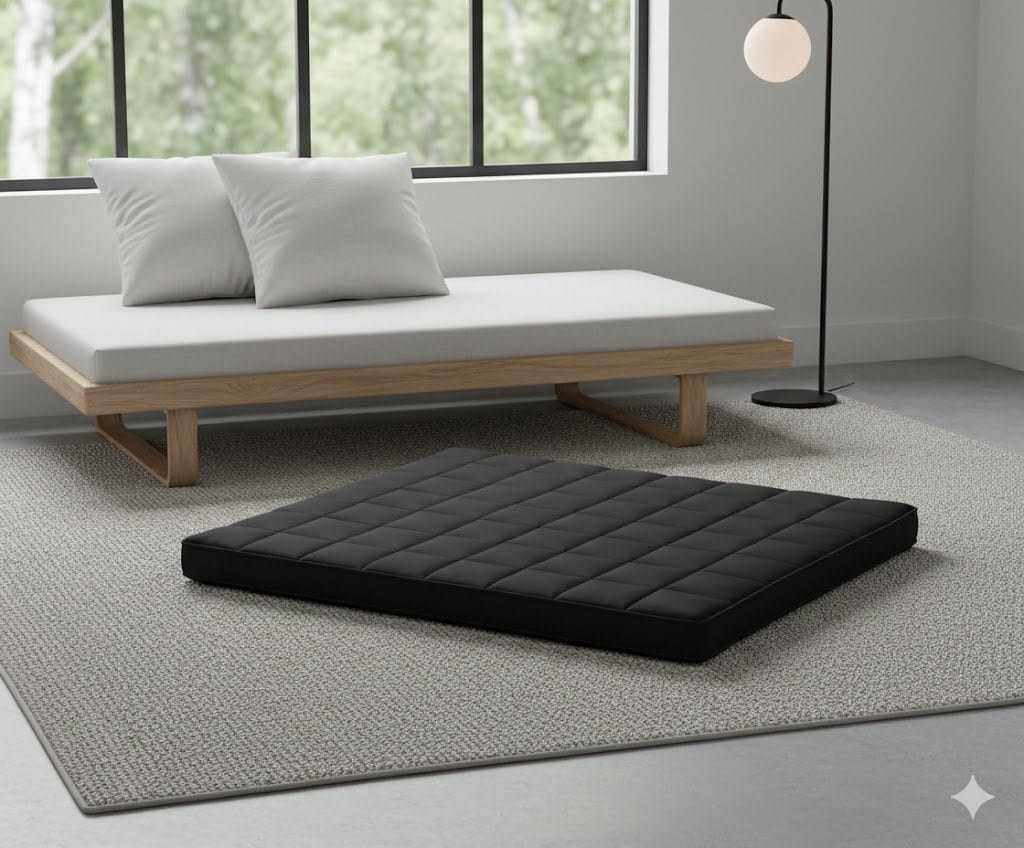 legowisko dla psa w salonie czarne na dywanie